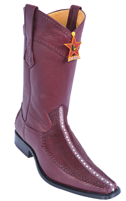 Los Altos Burgundy Genuine Stingray Rowstone W/ Deer Skin Square Toe Cowboy Boots 771106